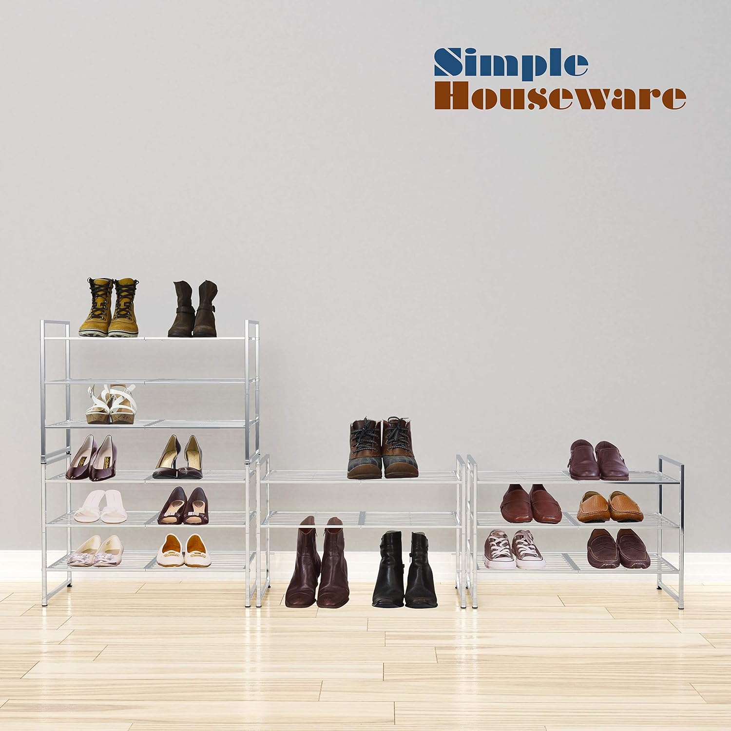 Simple Houseware 3-Tier Stackable Wired Grid Shoe Rack, Silver