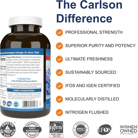 Carlson Super DHA Gems, 500 mg, DHA Supplements, 240 Softgels