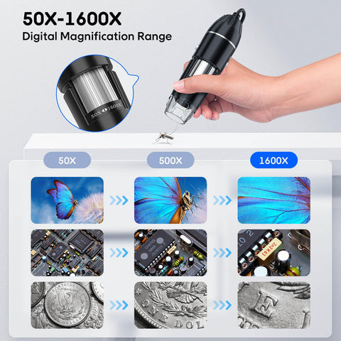 USB Digital Microscope, 50x-1600x Magnification Handheld, 1440P HD 8 LED Lights, Portable Microscope Compatible with iOS and Android Devices, 2MP Portable Microscope Camera for Adults, Kids