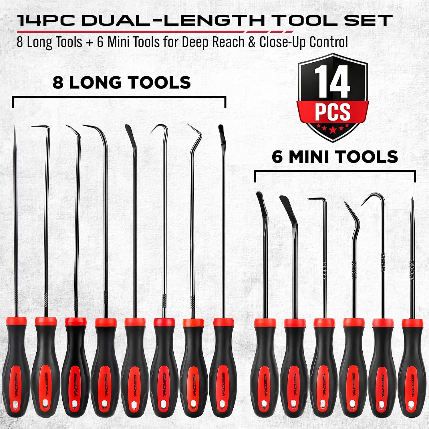 14PCS Pick and Hook Tool Set, Long and Mini Precision Pick Tools with Non-Slip Handles for O-Ring, Seal, Gasket and Hose Removal, Automotive Hook and Pick Set for Car Repair and Mechanical Maintenance