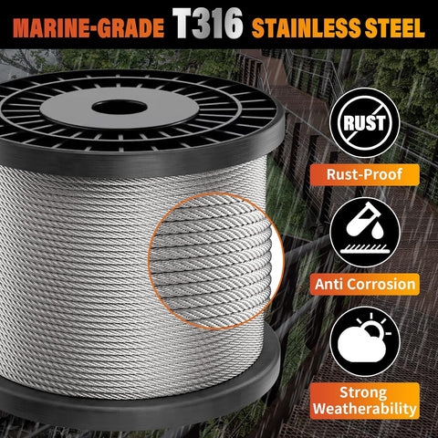 Stainless Steel Cable for Railing - 200FT 1/8" T316 Wire Rope Cable