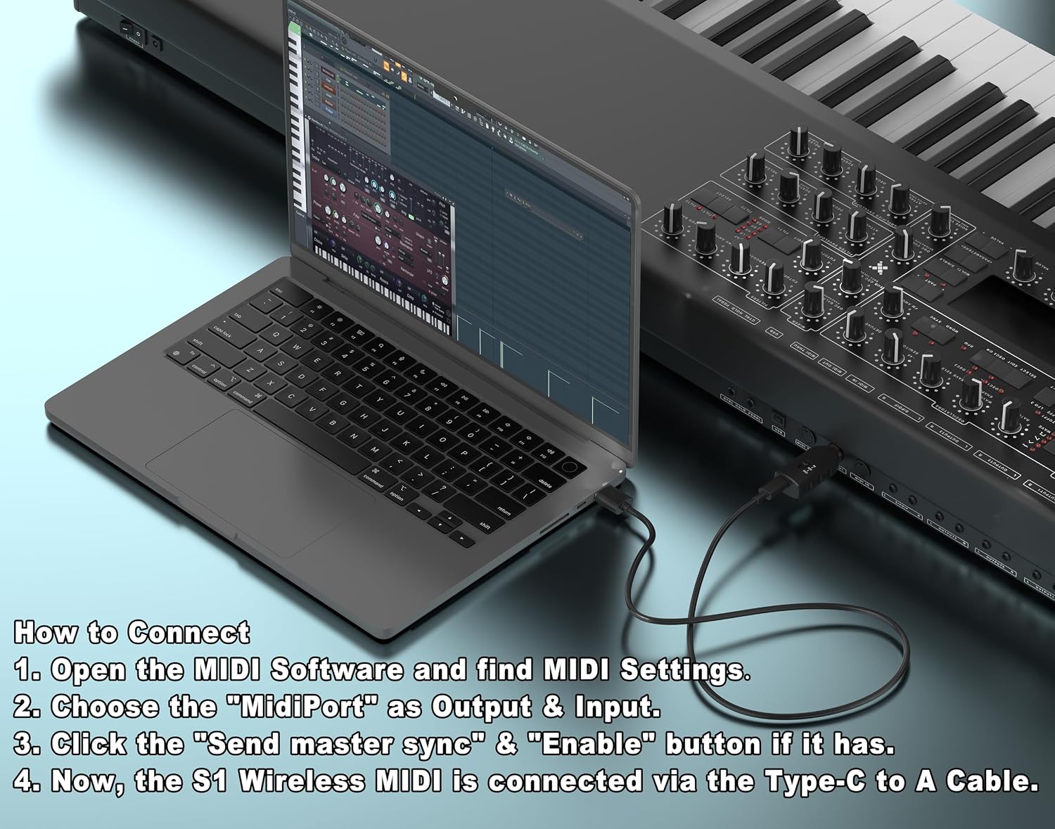 FORE S1 Wireless MIDI Interface & MIDI USB Type-C Adapter, Ultra Low Latency, Work with MIDI Keyboard & Any MIDI 5-Pin Din Device Compatible with iOS, Android, Windows/mac OS Balck 1-Pack