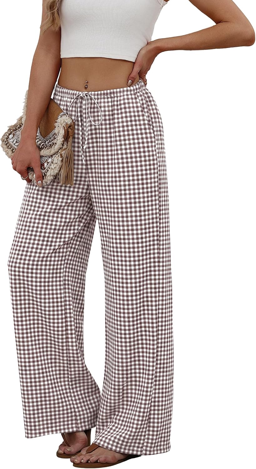 Sampeel Wide Leg Pants for Women Flowy Palazzo Drawstring Elastic Waist Trousers with Pockets Summer Beach Vacation Clothes