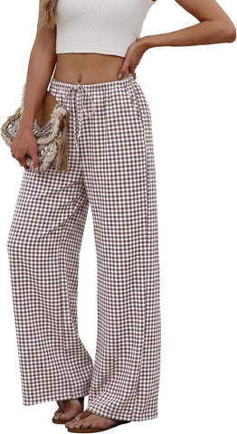 Sampeel Wide Leg Pants for Women Flowy Palazzo Drawstring Elastic Waist Trousers with Pockets Summer Beach Vacation Clothes
