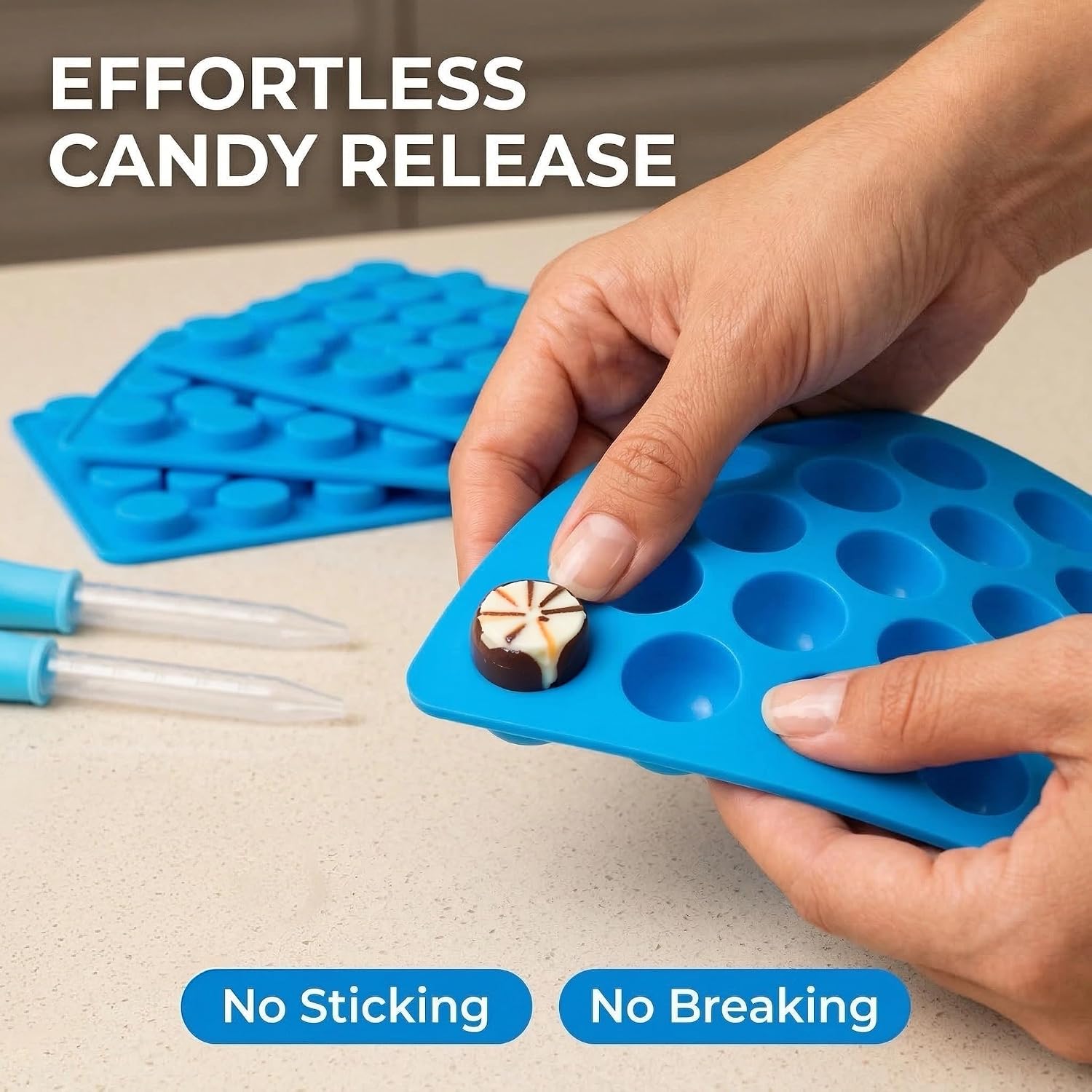 Round Silicone Candy Molds - 220 Cavity Mold Set with Droppers, 2-Pack Circle Molds for Gummies, Chocolate, Hard Candy, Caramels, Ice Cubes, BPA Free Non-Stick Baking Molds