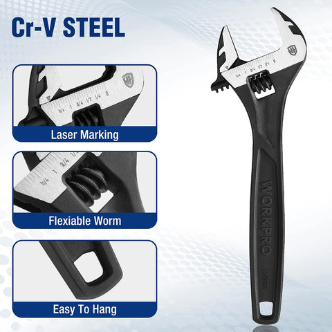 WORKPRO 4-Piece Adjustable Wrench Set, 6"-12", Cr-V Steel, Black Oxide