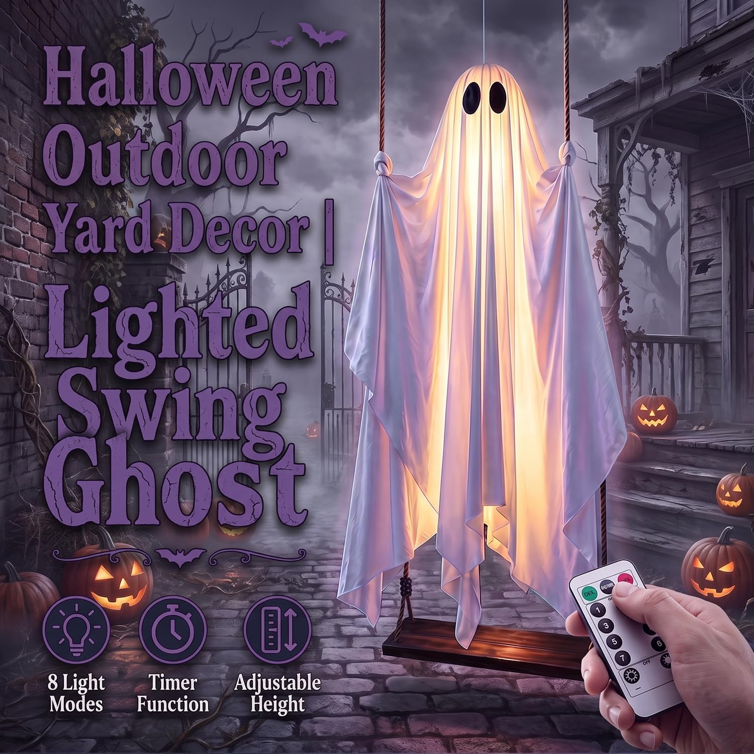 Outdoor Halloween Decorations, 5FT Swinging Ghost Outdoor Decor with Light