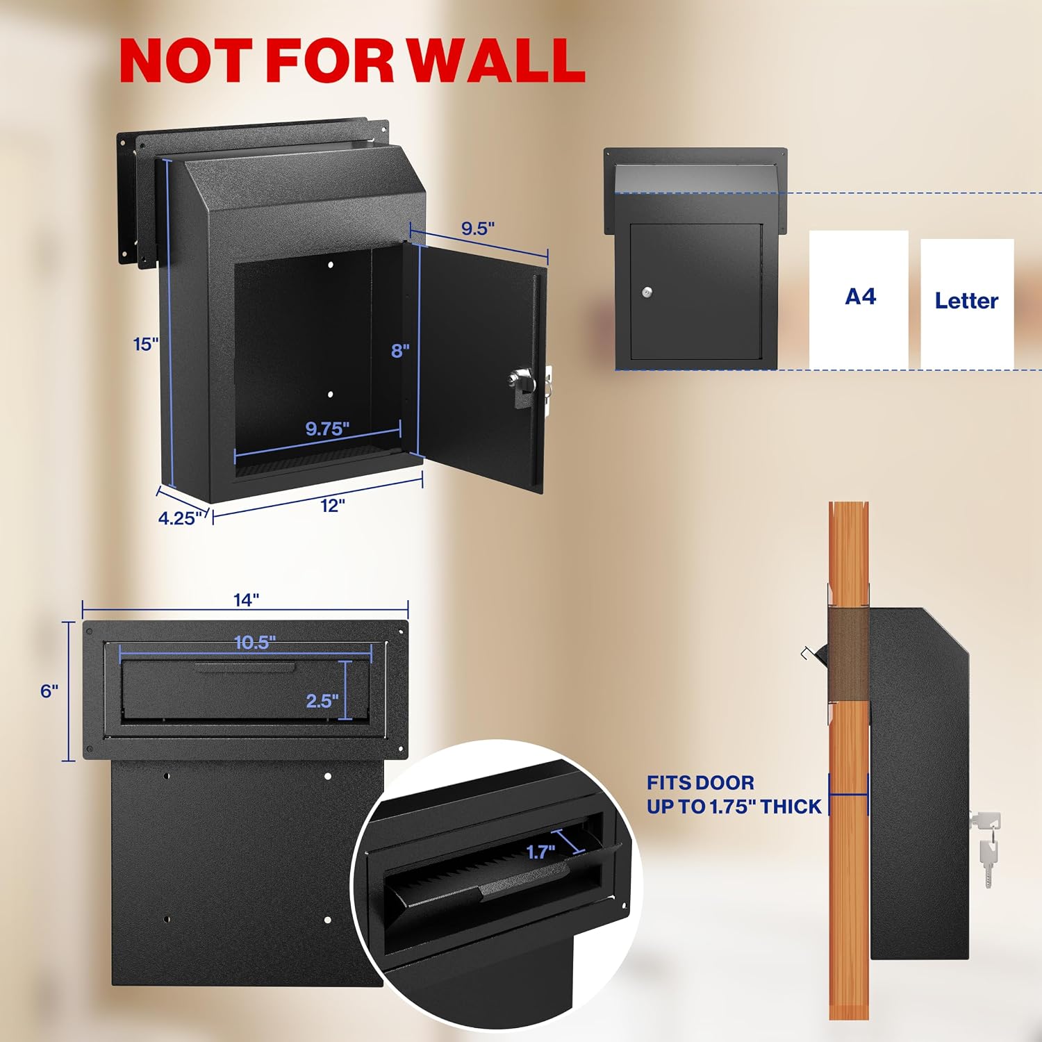 POCHAR Through the Door Mail Drop Box - 1.2mm Steel Payment Dropbox - Door Mount Theft Proof Mailbox - Locking Deposit Drop Box for Night Key, Deposit, Cash, and Rent (Black)