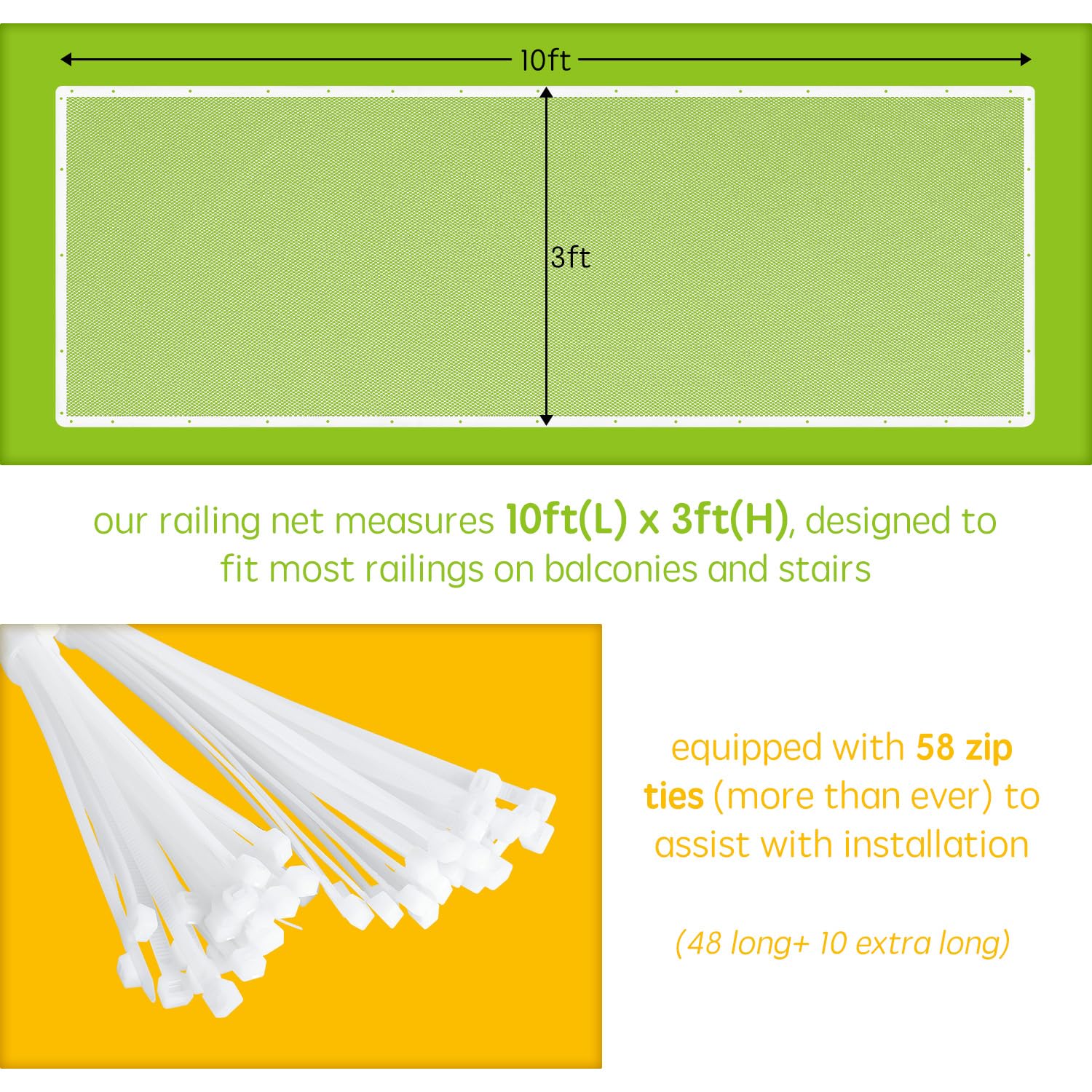 Baby Gates for Stairs with Banister, Guard Safety Net for Baby, 10ft x 3ft Stair Railing Mesh Barrier for Kids, Cats, Dogs, Child Safety Rail Guard, White