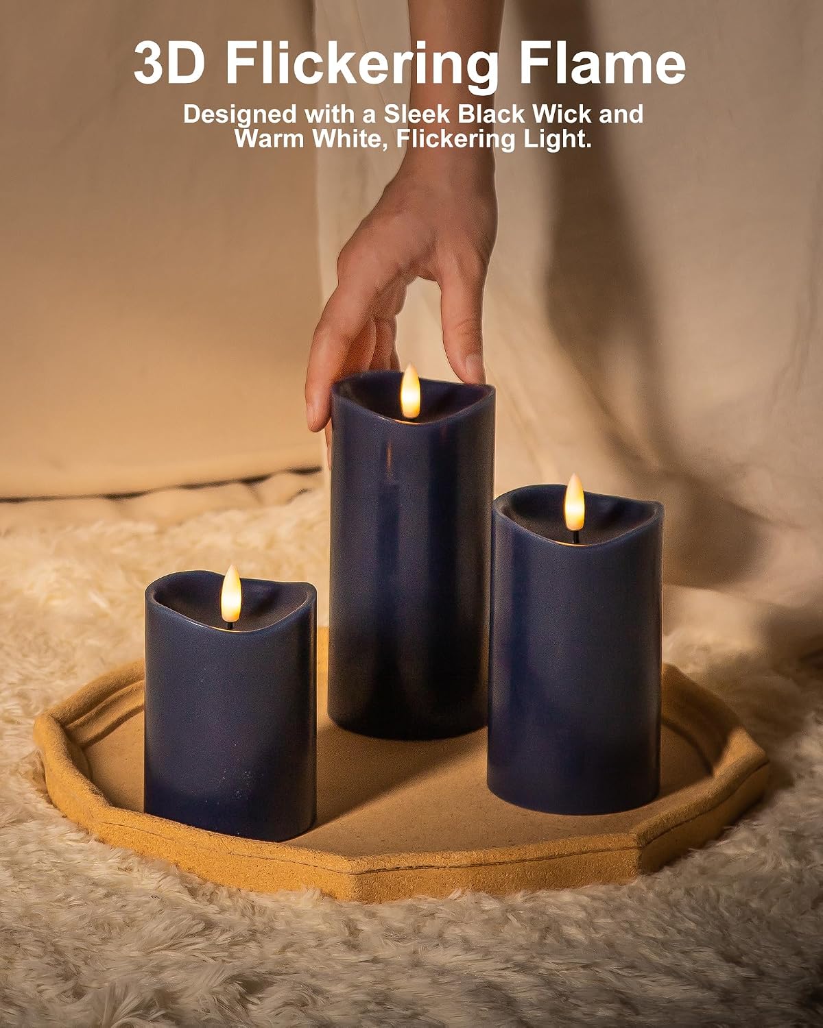 Navy Blue Real Wax Flameless Pillar Candles, Battery Operated with Remote
