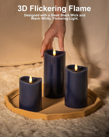 Navy Blue Real Wax Flameless Pillar Candles, Battery Operated with Remote