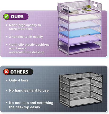 Marbrasse 2 Pack Desk Organizer with Handle, 6 Tier Paper Letter Tray, Mesh Desk File Organizer for Office, School and Home - Purple