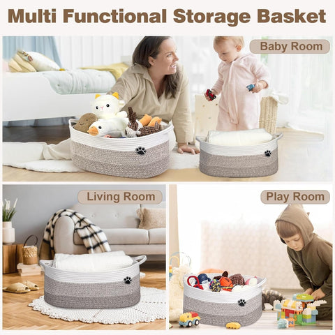 Optish 25L Medium Dog Toy Basket, Woven Rope Storage Basket, White-Brown