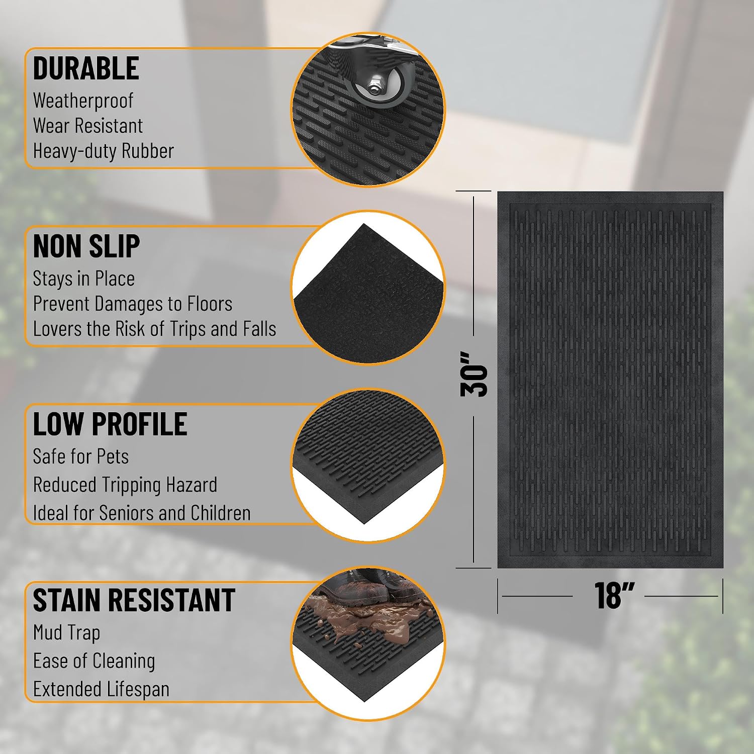 Ottomanson Waterproof Rubber Outdoor Doormat – Heavy-Duty Non-Slip Rubber Floor Mat with Ridge Scraper Pattern, All-Weather Front Door Entry Mat for Mud & Dirt Control – 18" x 30", Black