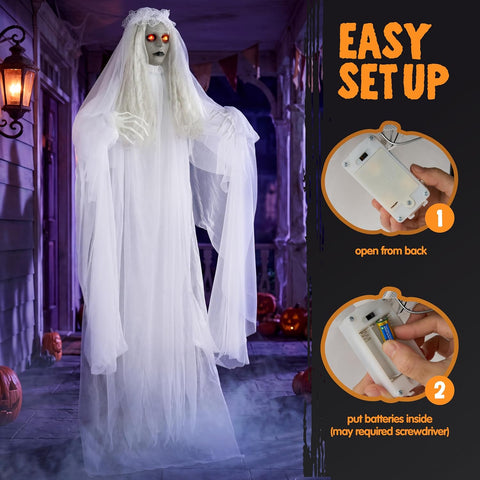 JOYIN 67" Halloween Decorations Outdoor Life Size Bride Decor, White Ghost Haunted House Props with Creepy Sound for Garden Yard Lawn