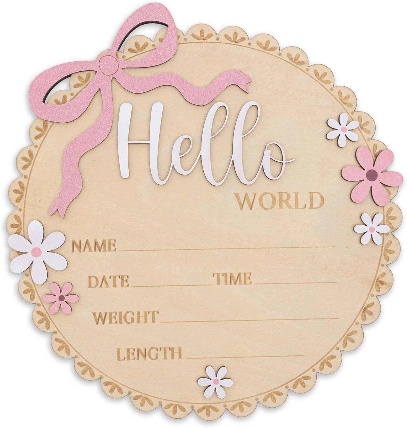 Hello World Wooden Baby Birth Announcement Sign, Pink Floral Newborn Name Date Time Weight Length Board, Baby Girl Nursery Decor Photo Prop Keepsake (Light Pink)