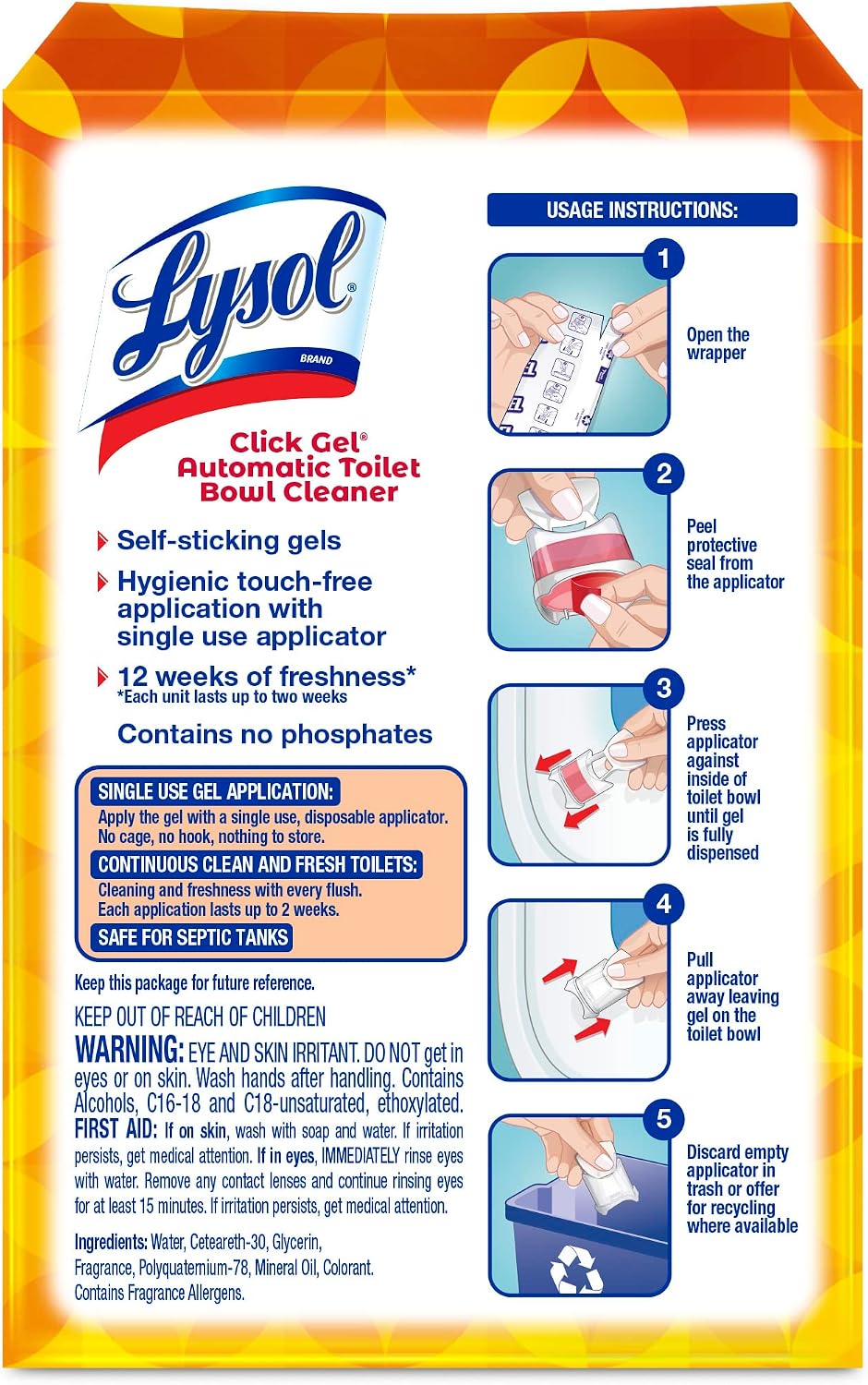 Lysol Click Gel Automatic Toilet Bowl Cleaner, Toilet Gel Stamp, Toilet Freshener, Bathroom Essentials, Refreshing Mango & Hibiscus Scent, 6 Count (Pack of 1)
