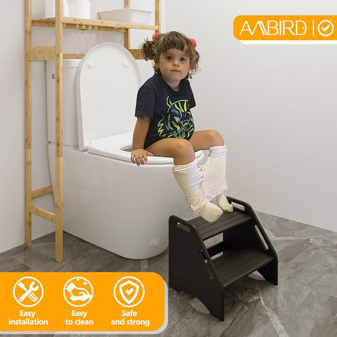 AMBIRD Wooden Step Stool - Two-Step 300 lbs Capacity With Safety Non-Slip Pads and Handles, Bamboo for Bathroom, Kitchen, Dual Height for Adults (Black)