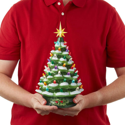Casafield Hand Painted Ceramic Christmas Tree, Green Snow Flocked 15-Inch Pre-Lit Tree with 128 Multi-Color Lights and 2 Star Toppers
