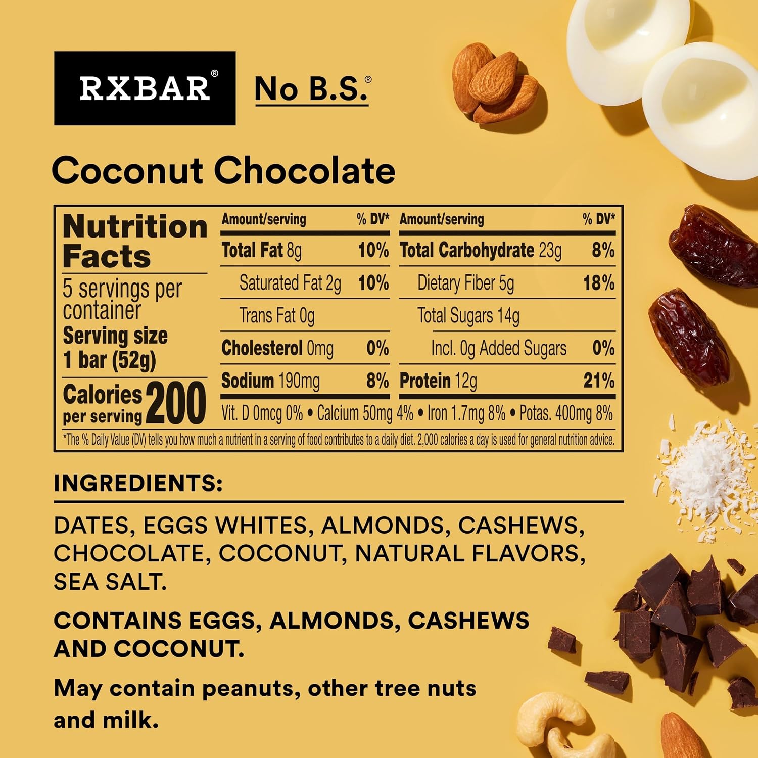 RXBAR Protein Bars, 12g Protein, Gluten Free Snacks, Coconut Chocolate (6 Boxes, 30 Bars)