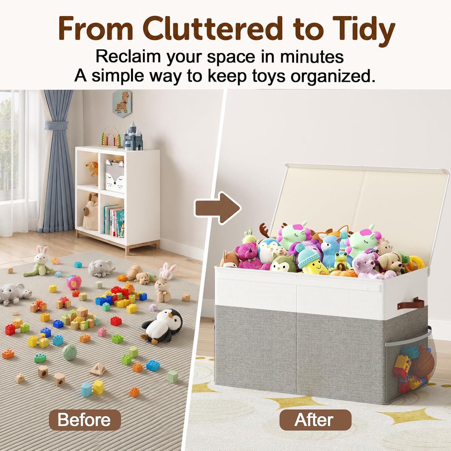 Large Toy Storage Box with Lid, Toy Chest with Divider, Foldable Organizer