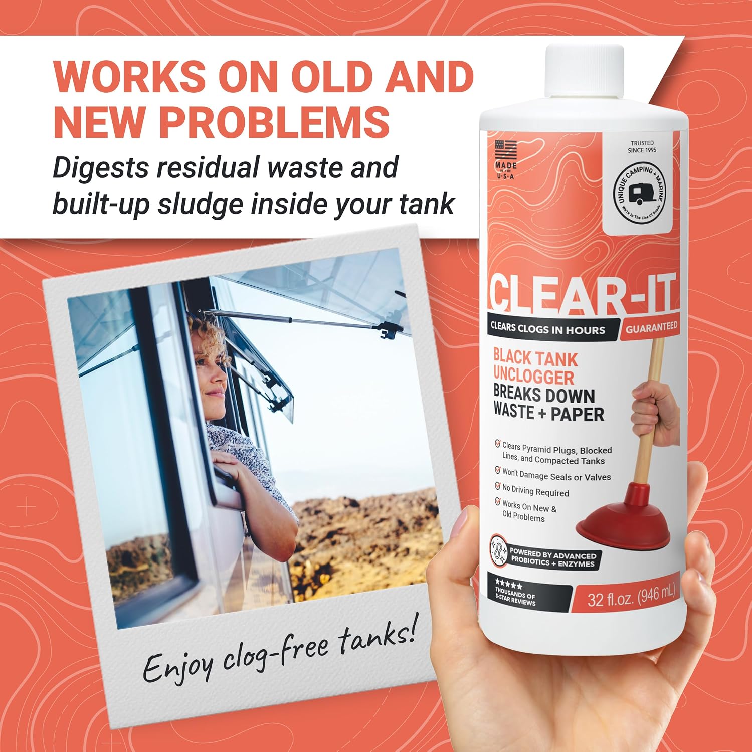Unique Clear-It Liquid RV Black Tank Unclogger, 32 oz, 2-Pack