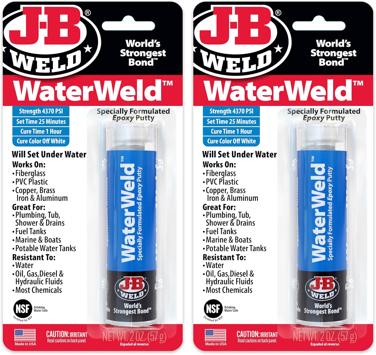 J-B Weld WaterWeld, 1 Hour Cure, Epoxy Putty Stick - 2 Pack, Off-White (8277-2)