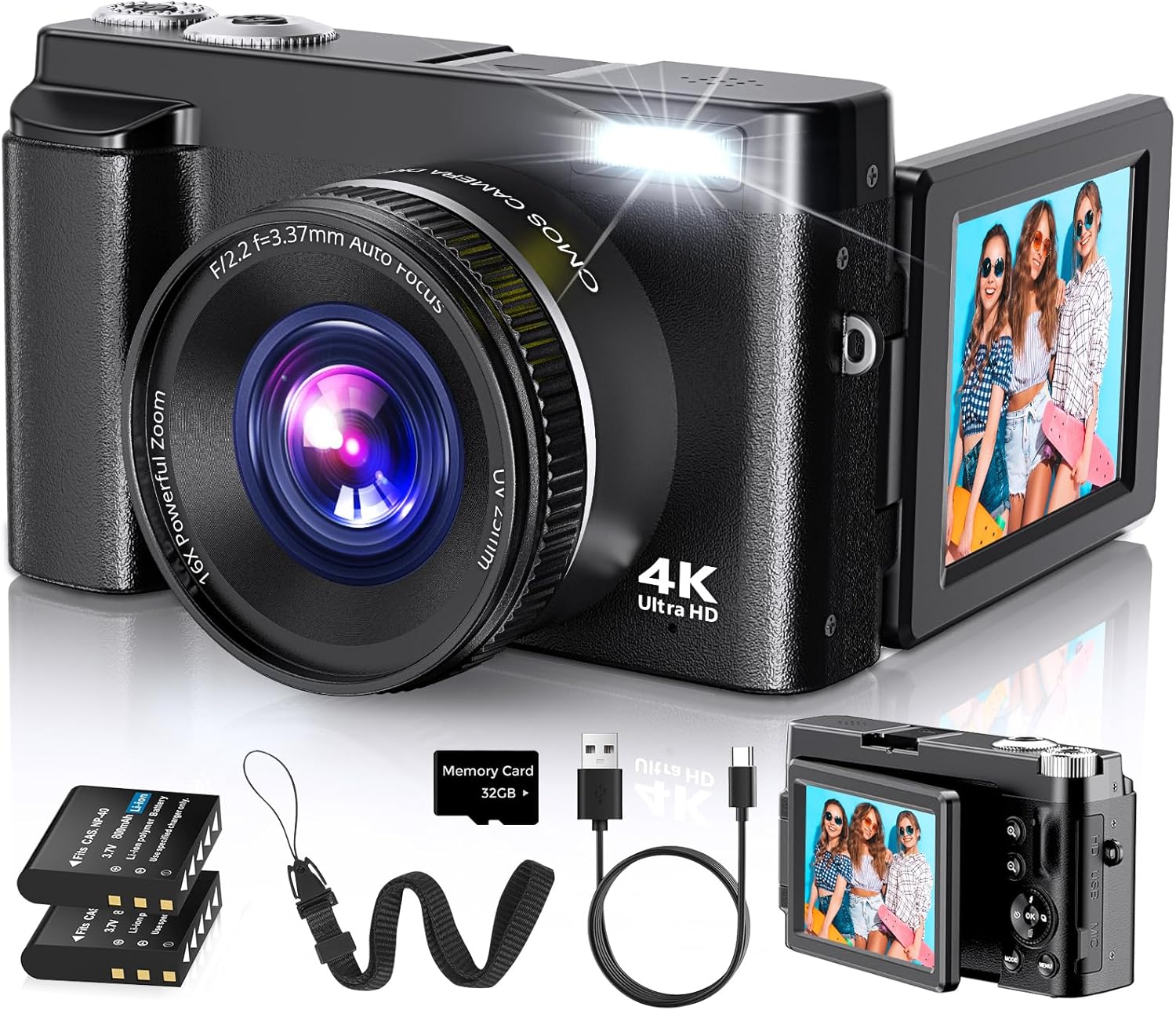 Duluvulu 4K Digital Camera for Photography Autofocus, 2026 Latest 48MP Vlogging Camera for YouTube with SD Card, 2 Batteries, 3" 180°Flip Screen Compact Travel Camera for Teens with 16X Zoom,Black