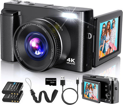 Duluvulu 4K Digital Camera for Photography Autofocus, 2026 Latest 48MP Vlogging Camera for YouTube with SD Card, 2 Batteries, 3" 180°Flip Screen Compact Travel Camera for Teens with 16X Zoom,Black