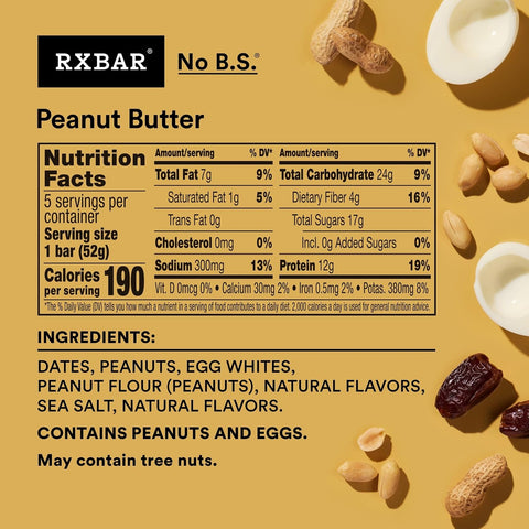 RXBAR Protein Bars, 12g Protein, Gluten Free Snacks, Peanut Butter (6 Boxes, 30 Bars)
