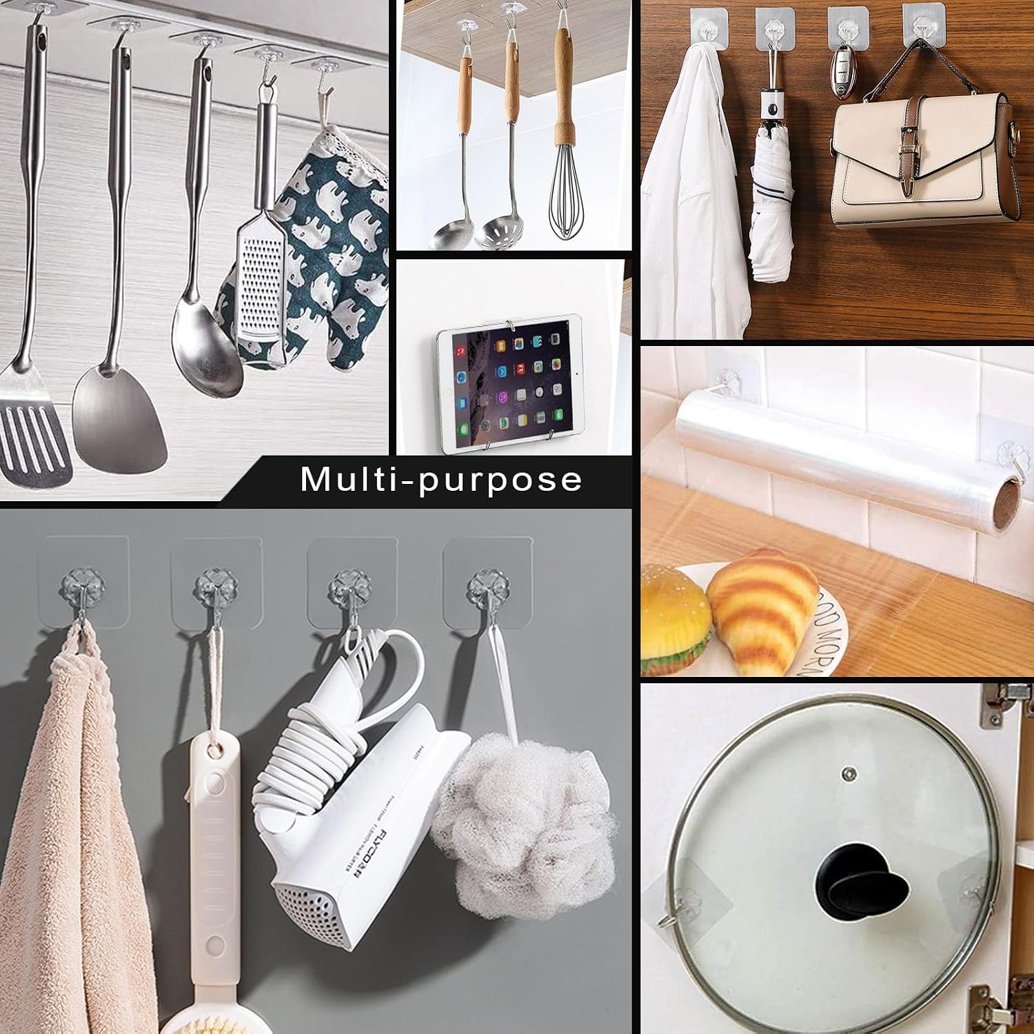 ZESLMG Adhesive Wall Hooks No Damage for Hanging, 12 Pack Large Self Sticky Hooks Heavy Duty 44lb Removable, Clear Hook for Shower Towel Coat Key Picture Wreath Outdoor Bathroom Kitchen, Waterproof