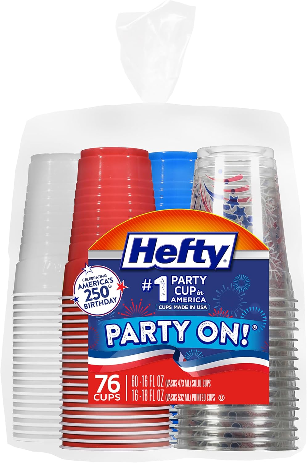 Hefty Party On Disposable Party Cups, Patriotic Color Pack, 76ct