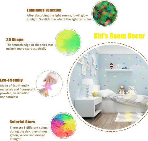 Glow in The Dark Stars Stickers for Ceiling, Adhesive 200pcs 3D Glowing Stars and Moon for Kids Bedroom,Luminous Stickers Create a Realistic Starry Sky,Room Decor,Wall Stickers