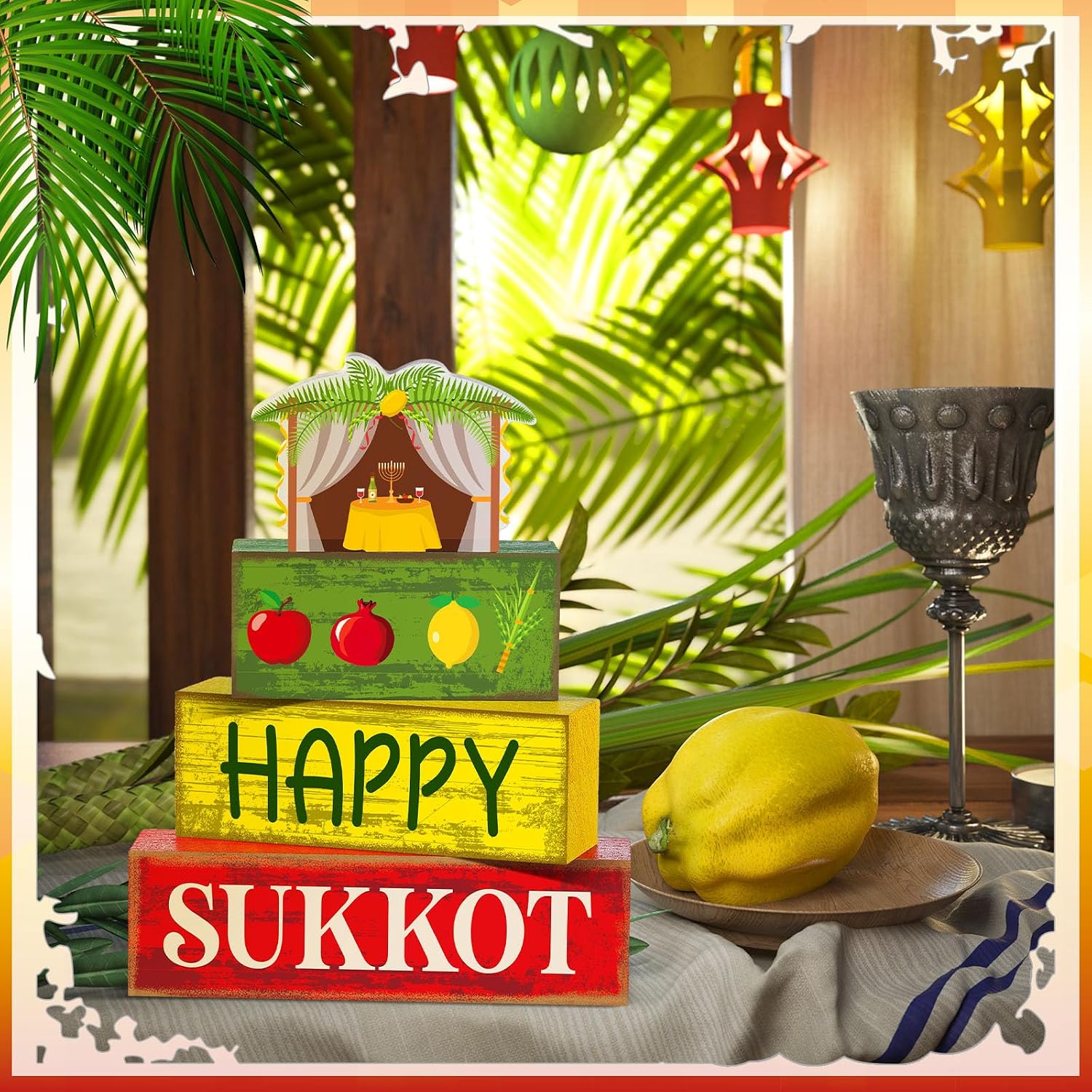 Yuntau 4 Pcs Happy Sukkot Table Decorations Sukkot Centerpieces for Tables