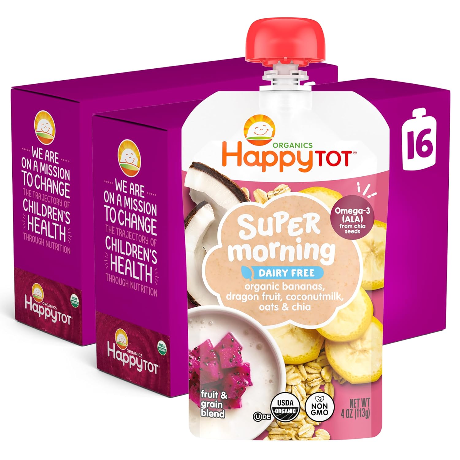 Happy Tot Organics Stage 4 Baby Food Pouches, Gluten Free, Super Morning Fruit & Oat Variety Pack Blend 4 Oz (Pack of 16), Amazon Exclusive
