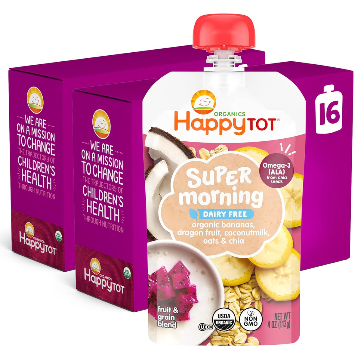 Happy Tot Organics Stage 4 Baby Food Pouches, Gluten Free, Vegan & Dairy Free Snack, Super Morning Fruit & Oat Blend, Bananas, Dragon Fruit, Coconut Milk, Oats & Chia, 4 Oz (Pack of 16)