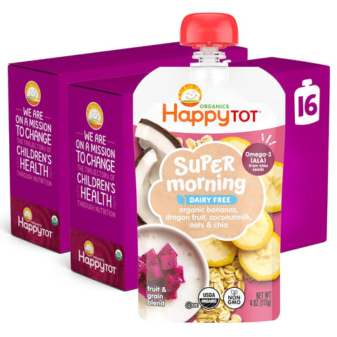 Happy Tot Organics Stage 4 Baby Food Pouches, Gluten Free, Super Morning Fruit & Oat Variety Pack Blend 4 Oz (Pack of 16), Amazon Exclusive