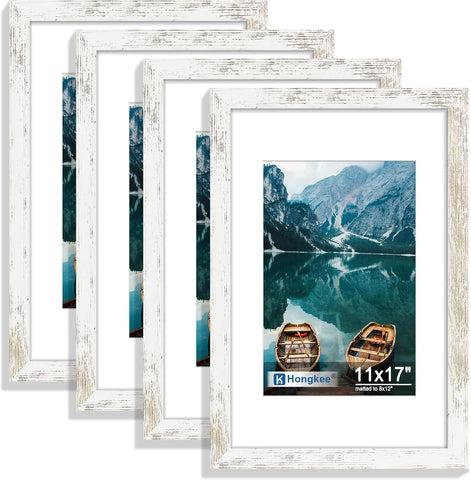 Hongkee 11x17 Picture Frame Set of 4, 11x17 Distressed White Wood, Mat 8x12