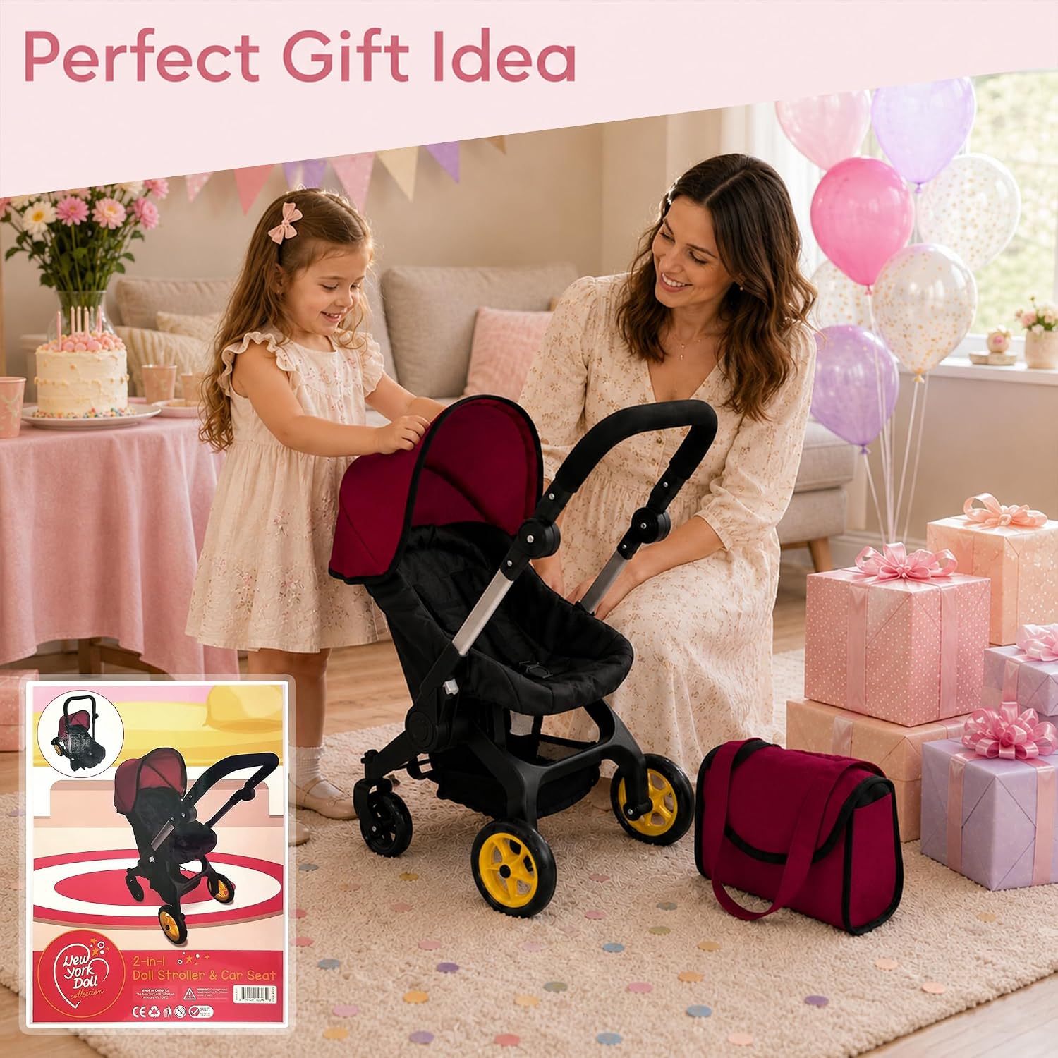 Baby Doll Car Seat Stroller Combo – Convertible 2-in-1 Doll Stroller and Car Seat for Kids | Fits Up to 20” Dolls | Play Toy Baby Stroller with Adjustable Handle for Young Girls Ages 3+ (Maroon)