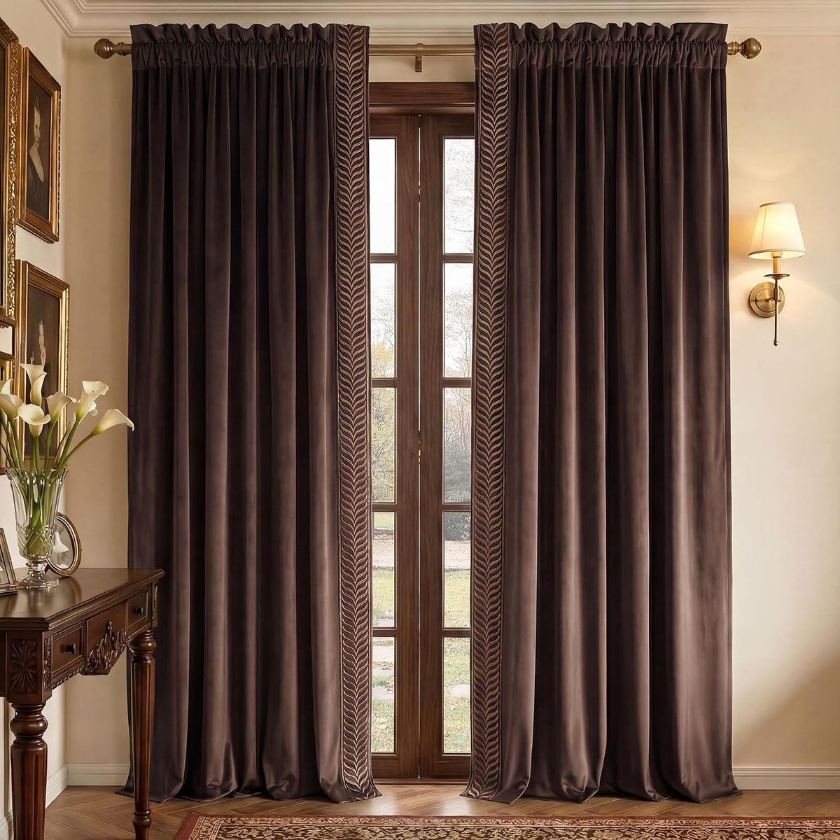 NICETOWN Rod Pocket Embroidered Trim Velvet Curtains 2 Panels, Brown