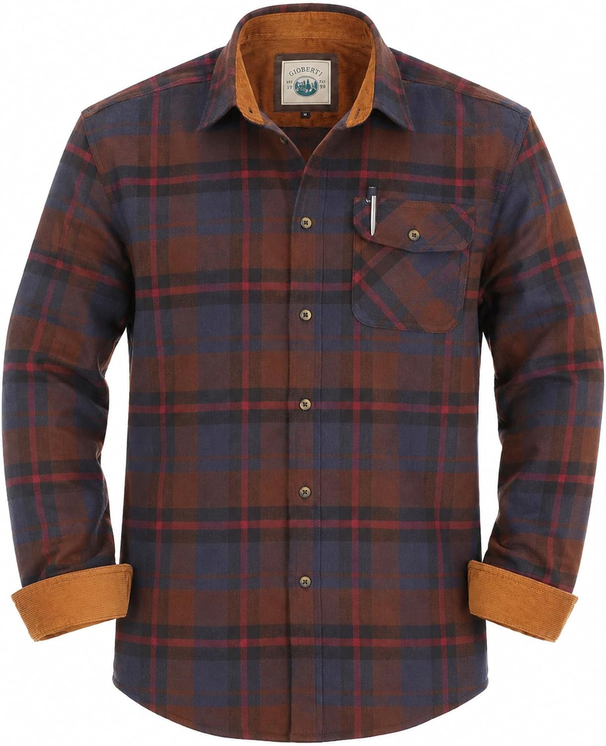 Gioberti Men's Brushed Flannel 100% Cotton Plaid Checkered Shirt with Corduroy Contrast