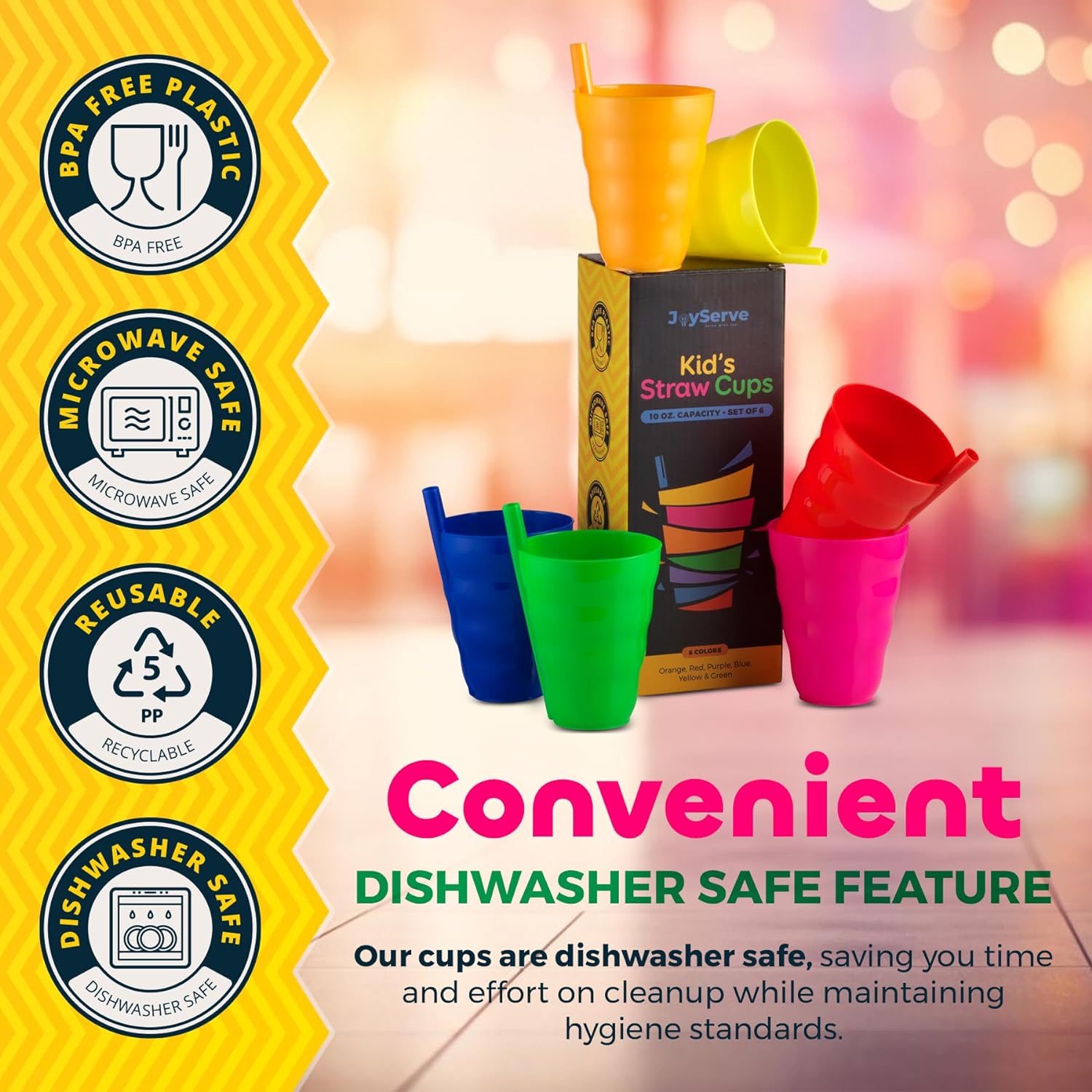 JoyServe 10 Oz Kids Cups with Built-In Straws (6-Pack) BPA-Free Tumblers