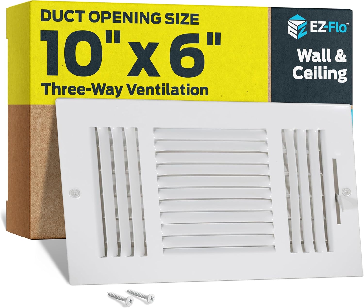 EZ-FLO 10 x 6 Inch (Duct Opening) Air Vent Cover for Wall or Ceiling, Three-Way Ventilation Register, Solid Steel HVAC Register Cover, White, 61614