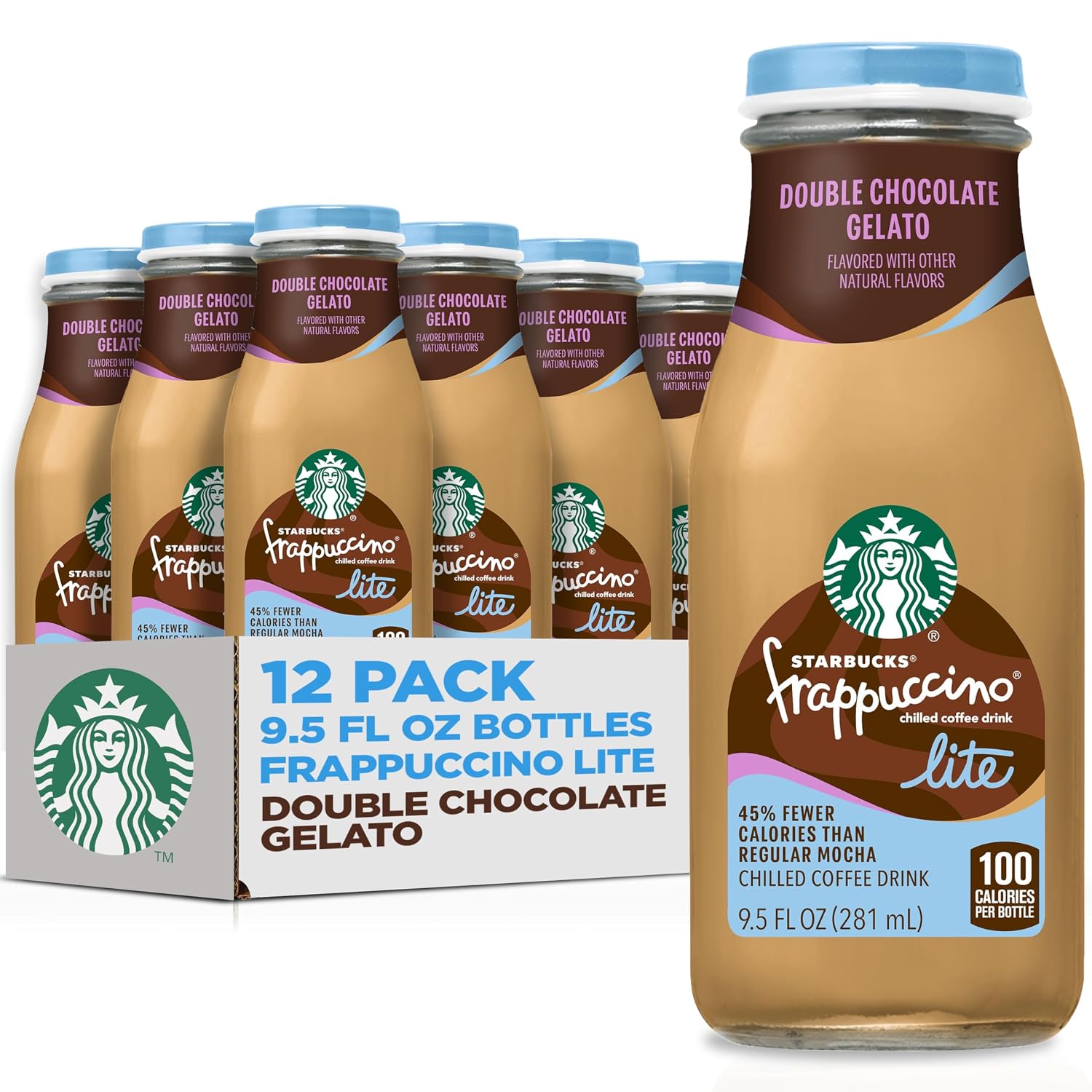 Starbucks Frappuccino Lite, Chocolate Gelato, 9.5 Fl Oz Bottles (Pack of 12), Fewer Calories, Natural Flavors, Only 100 Calories