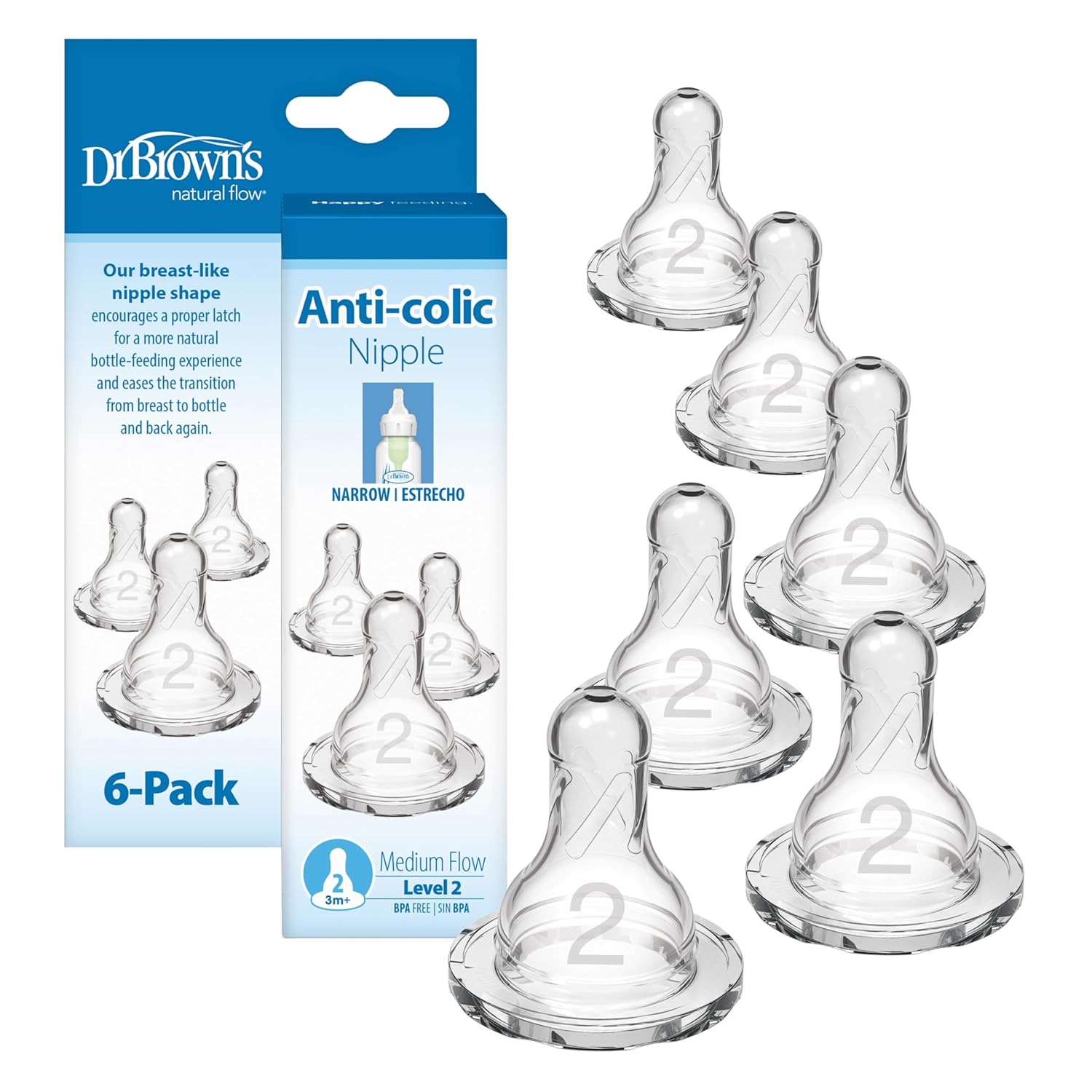 Dr. Brown’s Narrow Level 2 Medium Flow Nipple, 3m+, 6-Pack