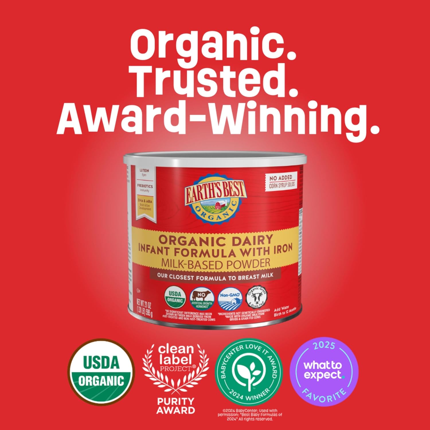 Earth's Best Organic Baby Formula, Dairy Infant Formula for Babies 0-12 Months, Milk-Based with Iron, Omega-3 DHA & Omega-6 ARA, 21 Ounce Container