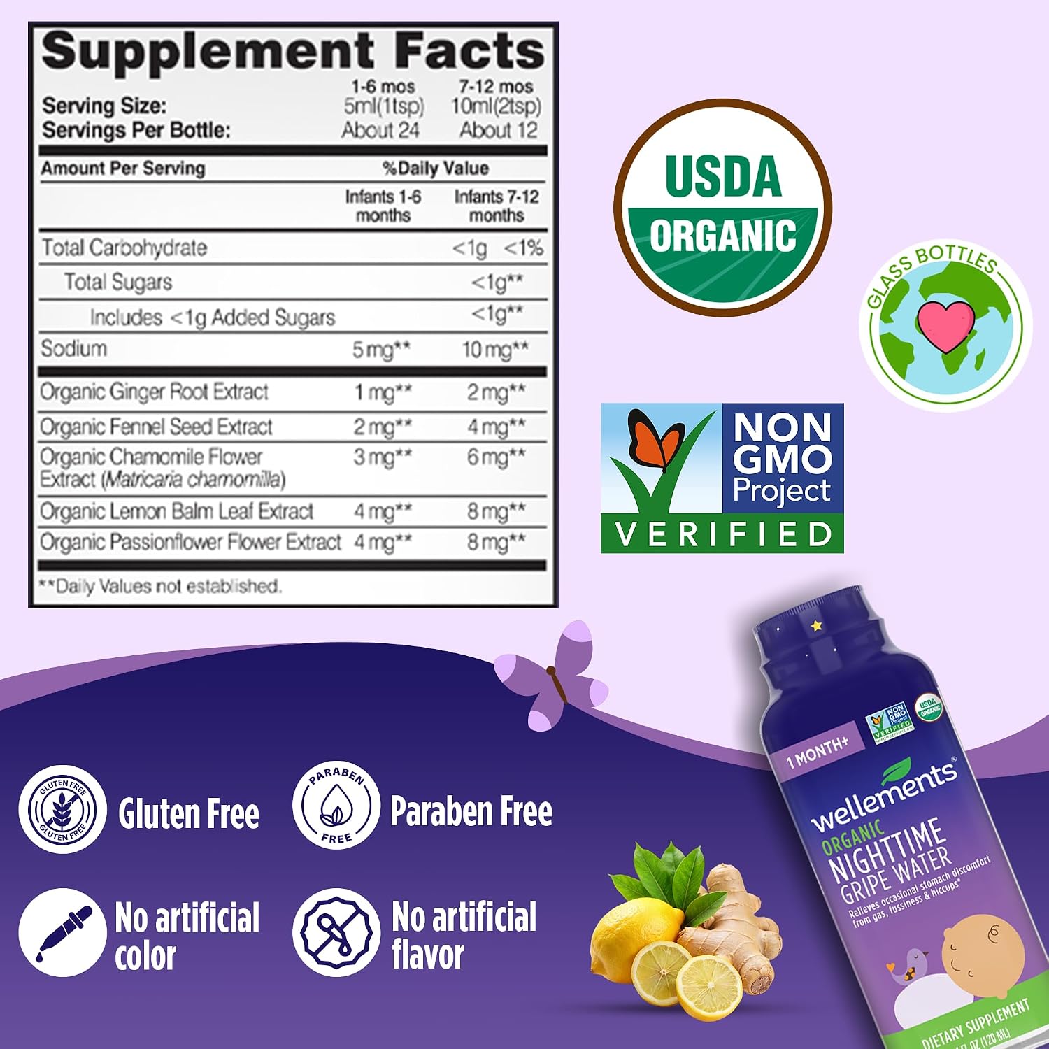 Wellements Organic Nighttime Gripe Water Colic Gas & Fussiness 1 Month+