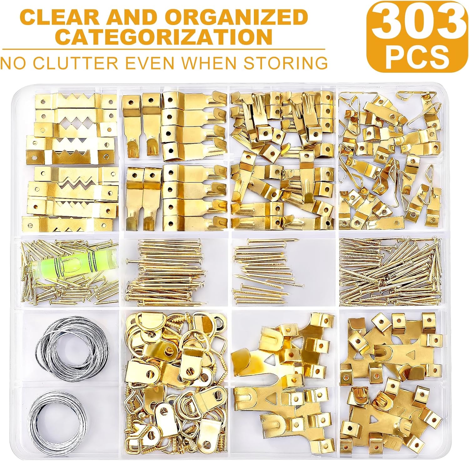 KURUI 303Pcs Picture Hanging Kit, Picture Hangers Assorted Kit with Heavy Duty Picture Hanging Hooks/Hardware Nails/Sawtooth/Wire/D Rings/Level, Metal Picture Wall Hooks for Frame Canvas Mounting