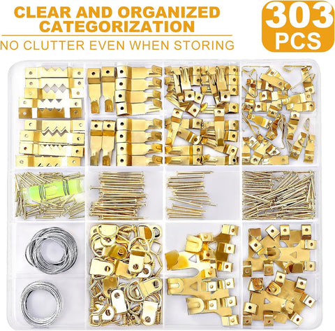 KURUI 303Pcs Picture Hanging Kit, Picture Hangers Assorted Kit with Heavy Duty Picture Hanging Hooks/Hardware Nails/Sawtooth/Wire/D Rings/Level, Metal Picture Wall Hooks for Frame Canvas Mounting
