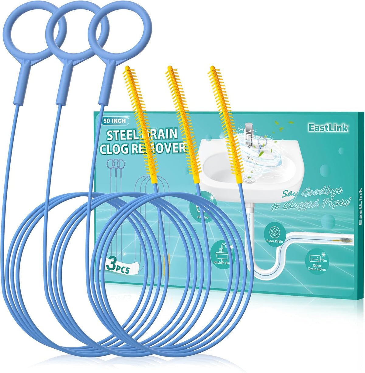EastLink 50 Inch Extra-Long Drain Snake 3 Pack, Reusable Drain Clog Remover